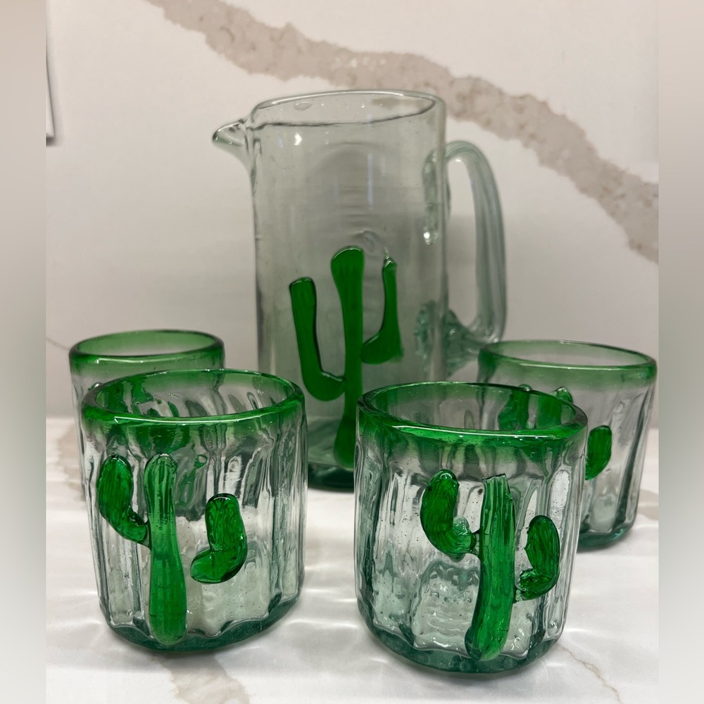2 Mexican Hand Blown Green Cactus Art Margarita Juice Sangria Tequila Glass Cups
